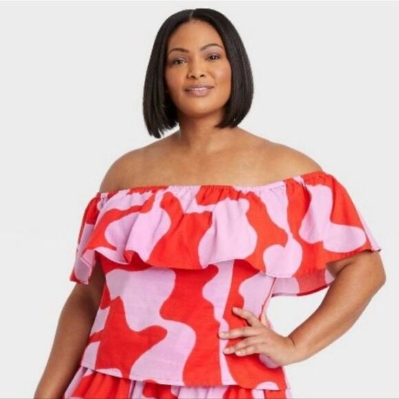 NWT Ava & Viv Ruffle Off the Shoulder Blue & Gold Top size 2X - Picture 4 of 6